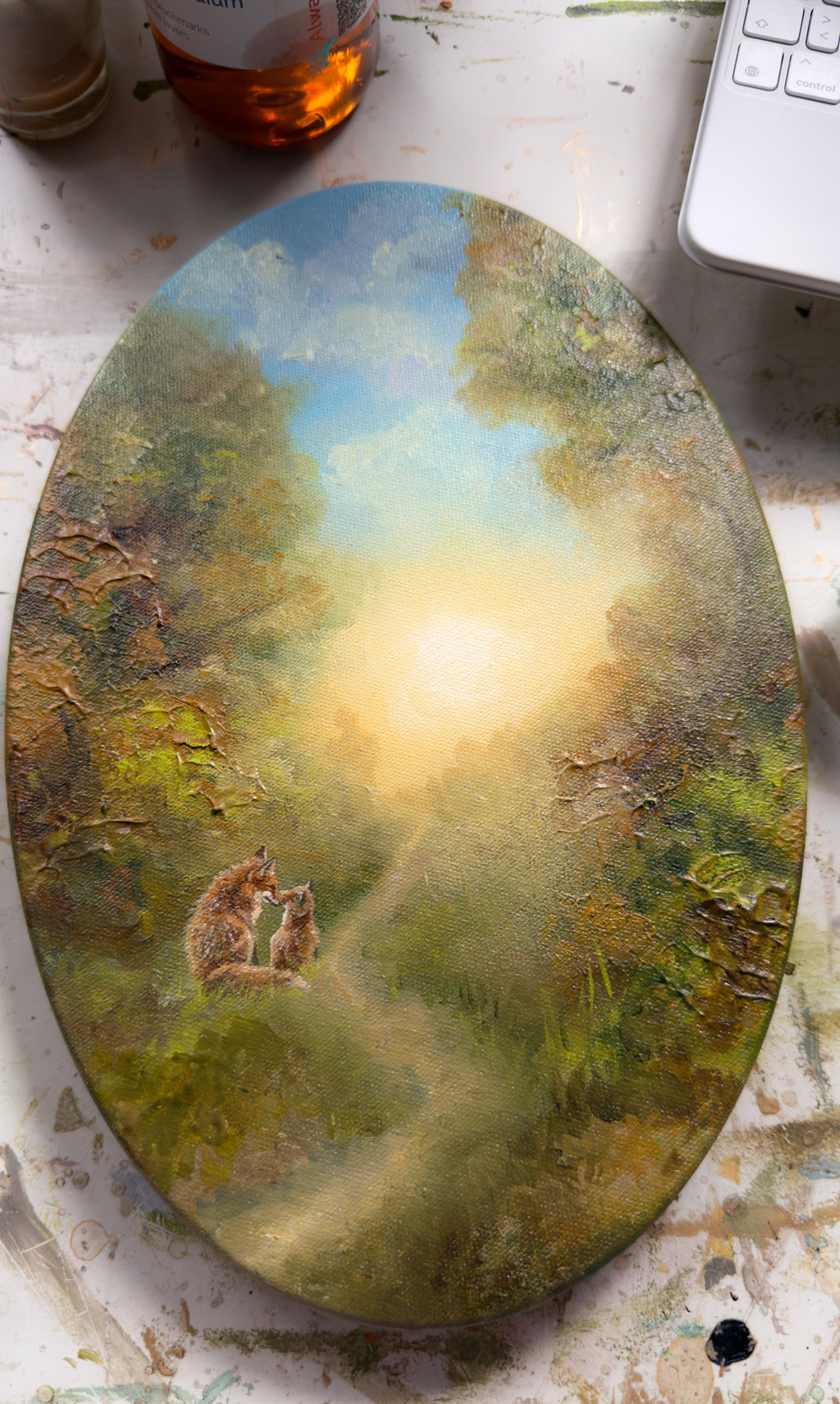 Original oval painting displayed indoors, showing the artwork in natural light.