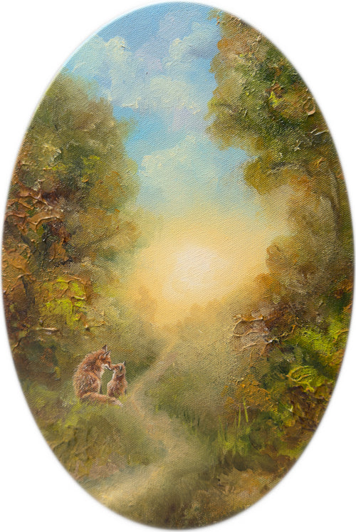 Semi-abstract original oval painting featuring a glowing forest landscape and foxes.