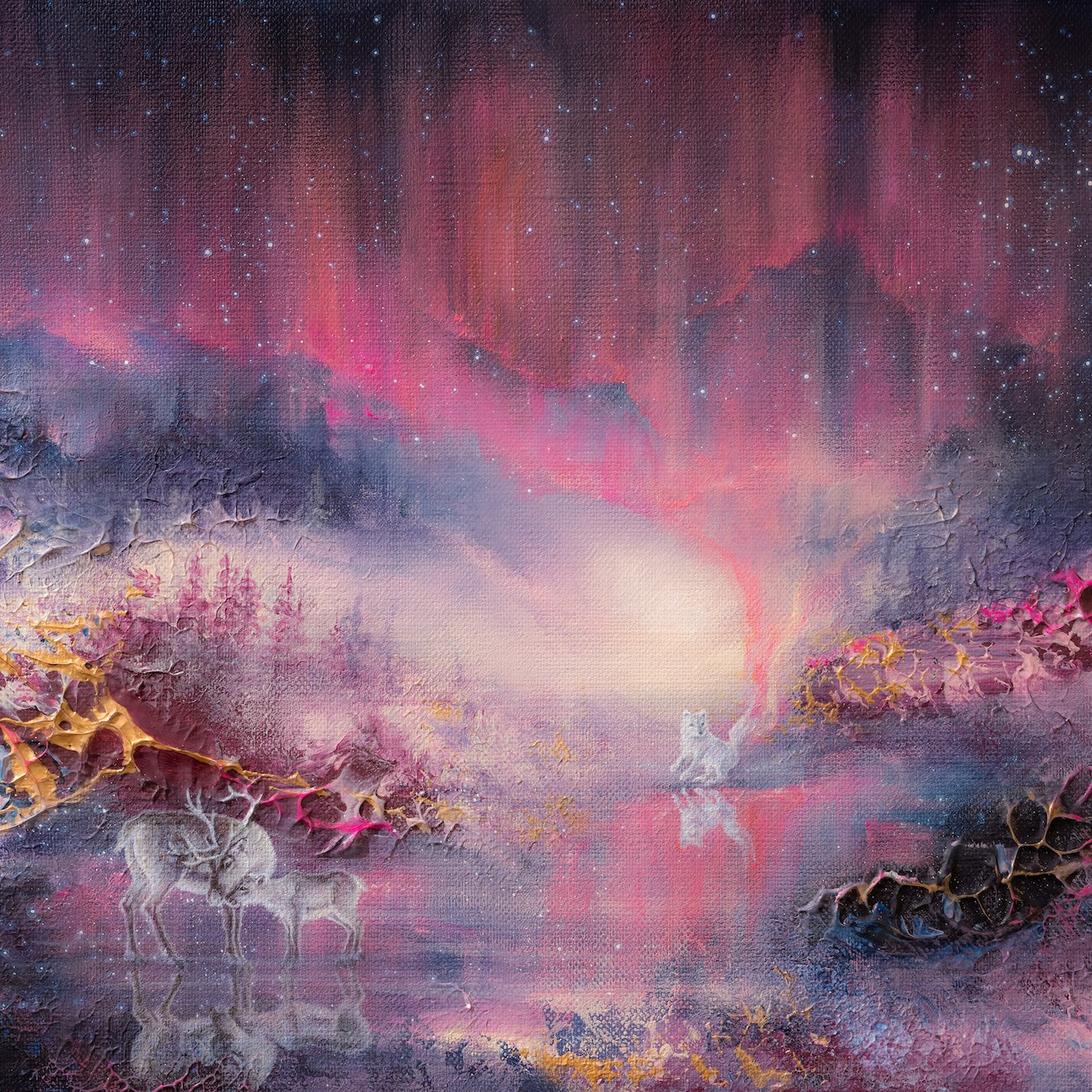 Fine art print of a semi-abstract Northern Lights landscape with mythological elements.