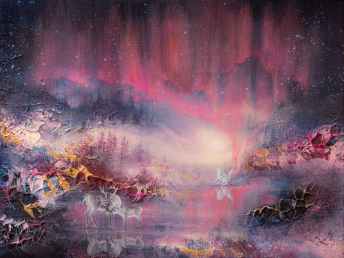 Semi-abstract original painting of the Northern Lights with mythological elements.