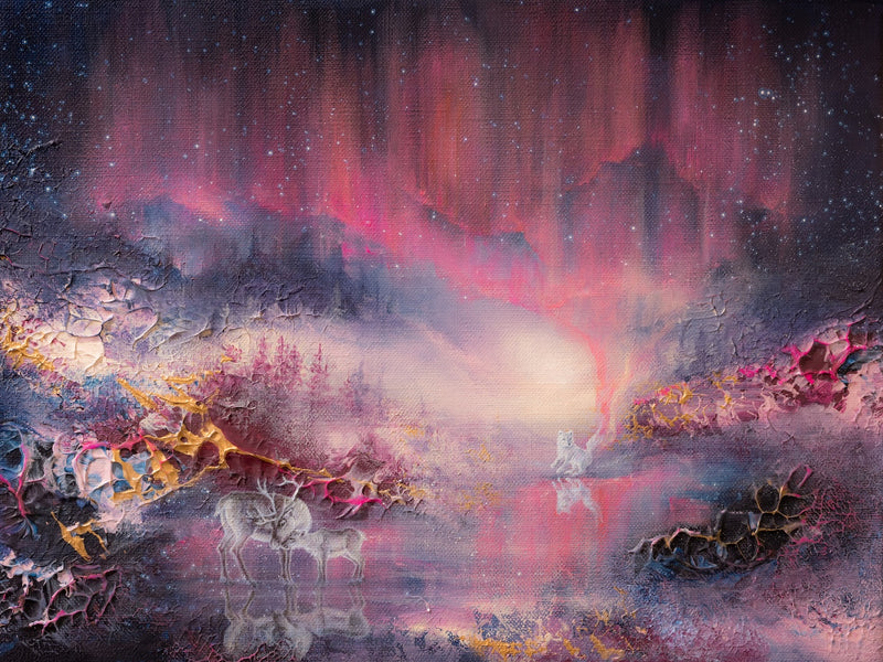 Semi-abstract original painting of the Northern Lights with mythological elements.