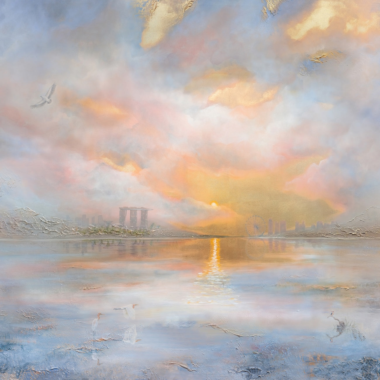 Fine art print of a semi-abstract sunset over Marina Bay in Singapore, featuring the city skyline reflected on calm water.