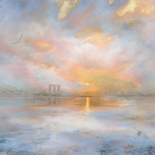Fine art print of a semi-abstract sunset over Marina Bay in Singapore, featuring the city skyline reflected on calm water.
