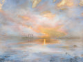 Fine art print of a semi-abstract sunset over Marina Bay in Singapore, featuring the city skyline reflected on calm water.
