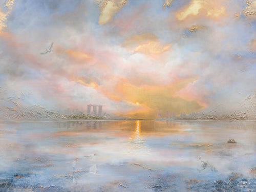 Fine art print of a semi-abstract sunset over Marina Bay in Singapore, featuring the city skyline reflected on calm water.