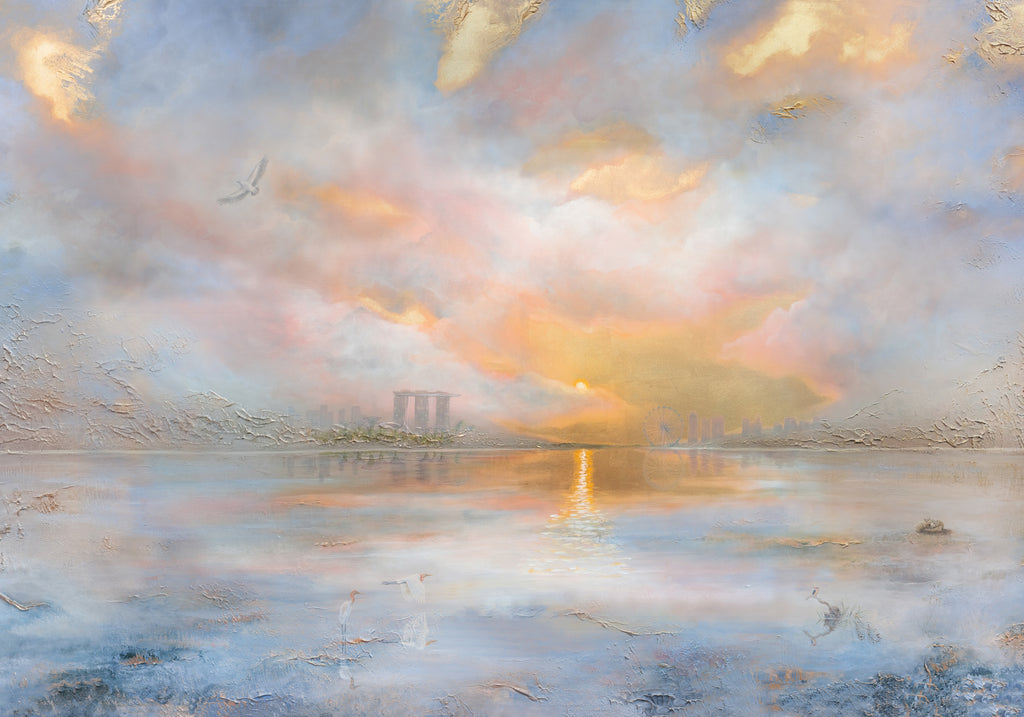 Fine art print of a semi-abstract sunset over Marina Bay in Singapore, featuring the city skyline reflected on calm water.