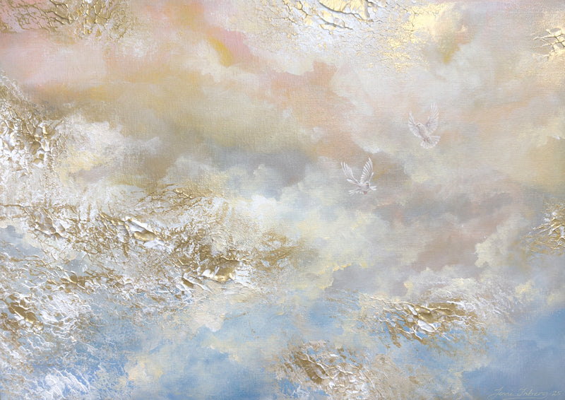 Semi-abstract original painting of luminous clouds with birds flying through a glowing sky.