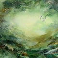 Fine art print of a semi-abstract green valley featuring deer, birds in flight and a lush forest landscape.