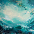 Fine art print of a semi-abstract seascape featuring a surfer riding turquoise waves beneath a bright sky.