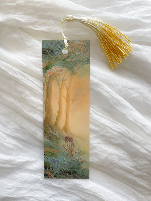 Front view of a fantasy-inspired art bookmark with a tassel.