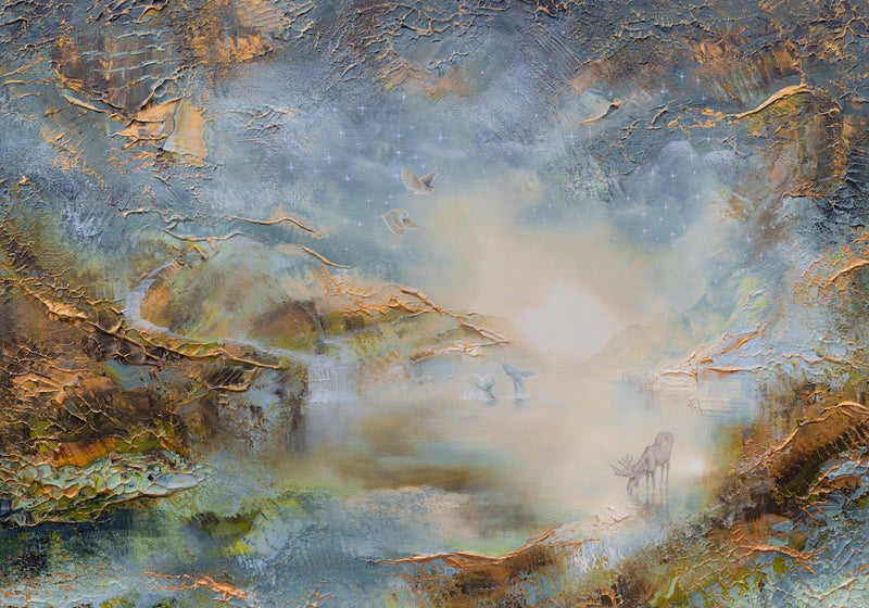 Semi-abstract original painting of a mountain lake with a breaching whale, a grazing moose on the shore and owls flying beneath the night sky.