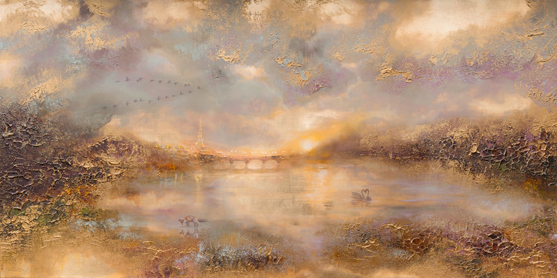 Semi-abstract original painting of a city of Paris and glowing lake at sunset with textured reflections and birds flying overhead.