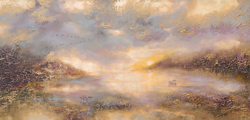 Semi-abstract landscape painting of a golden sunset.
