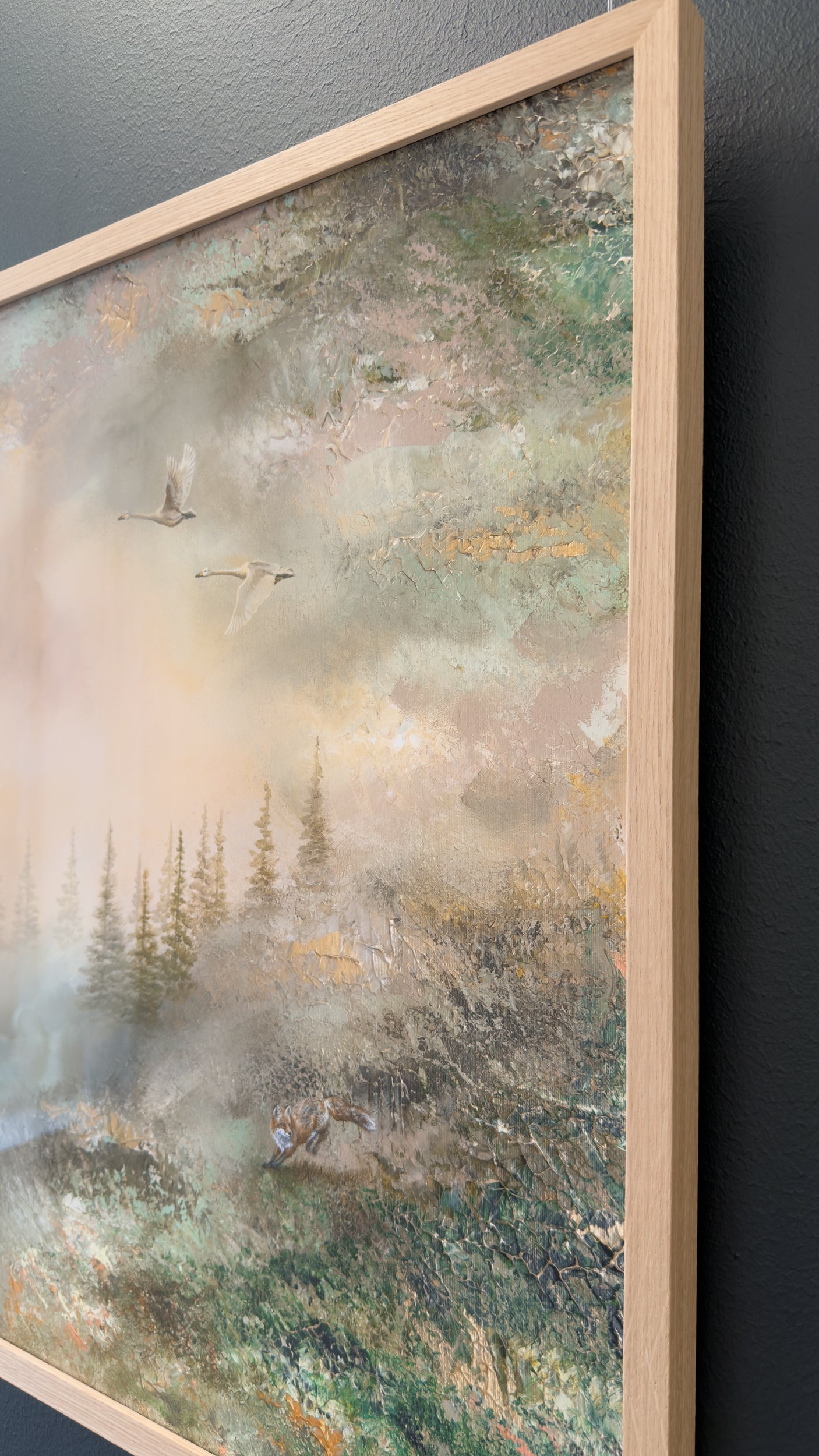 Close-up of the framed fine art print showing the natural wood frame and artwork details.