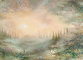Fine art print of a semi-abstract landscape with a glowing sky and misty evergreen forest.