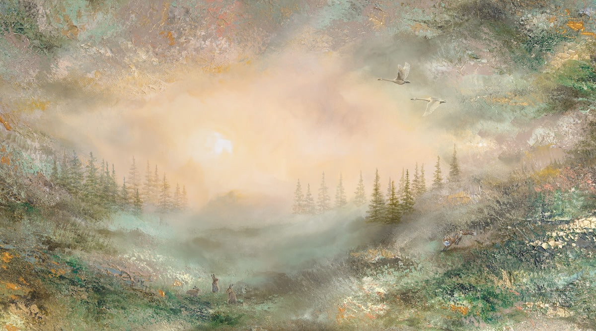 Fine art print of a semi-abstract landscape with a glowing sky and misty evergreen forest.