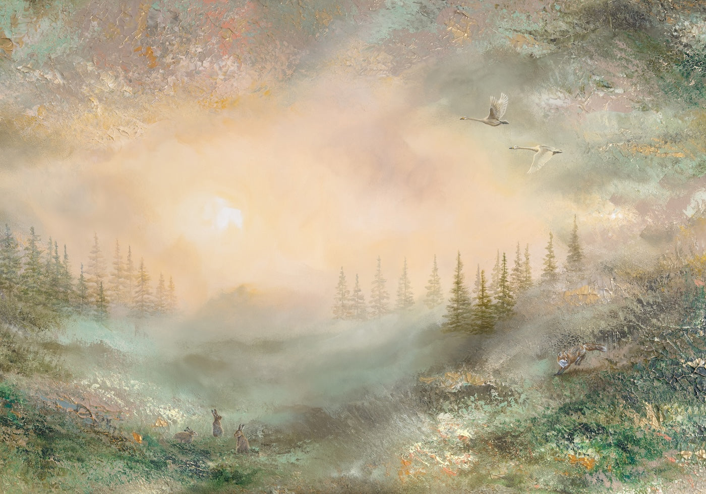 Fine art print of a semi-abstract landscape with a glowing sky and misty evergreen forest.