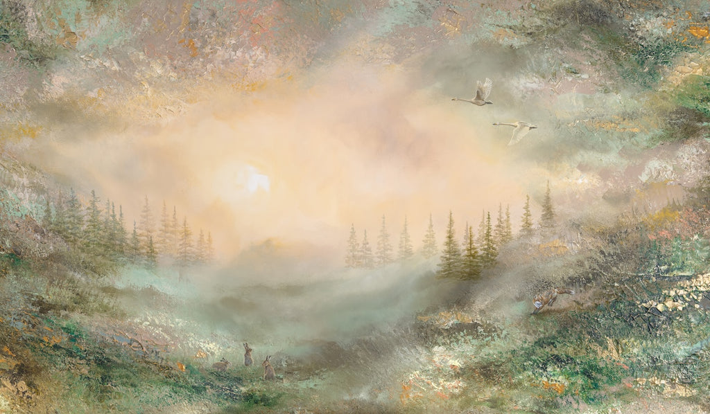 Fine art print of a semi-abstract landscape featuring a glowing sky, evergreen forest and misty hills.