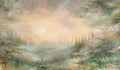 Fine art print of a semi-abstract landscape featuring a glowing sky, evergreen forest and misty hills.