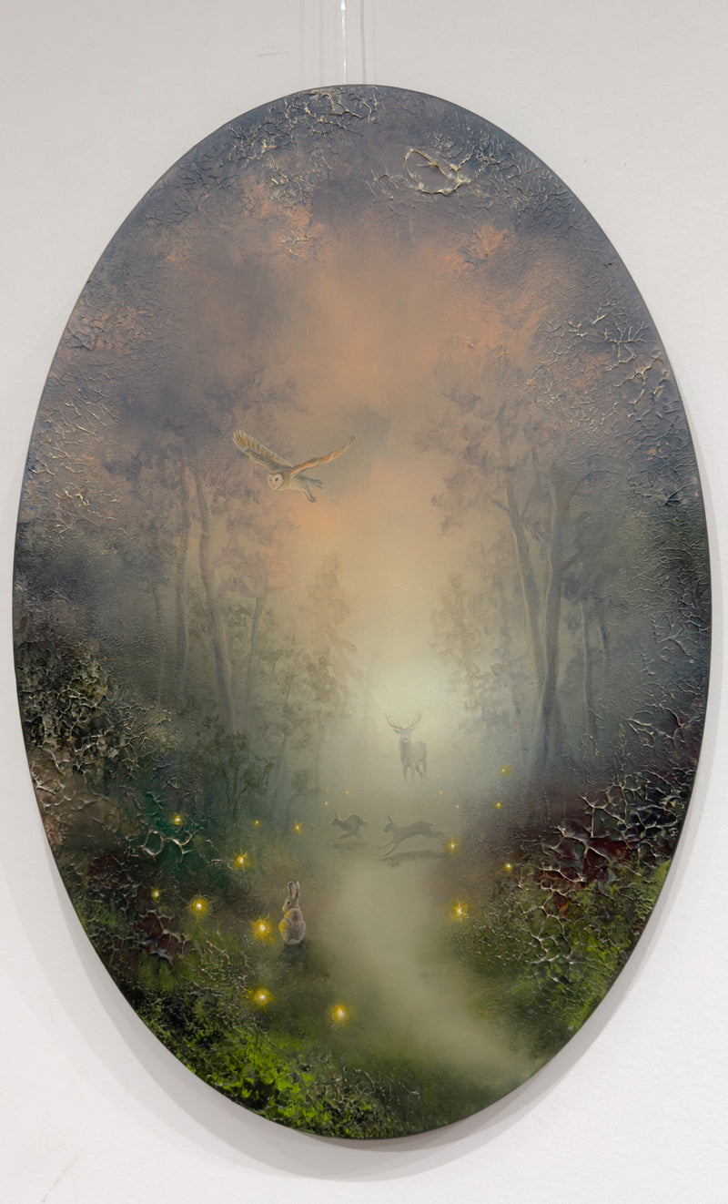 Oval semi-abstract painting of a mystic forest with a fireflies, owl, deer and a rabbit.