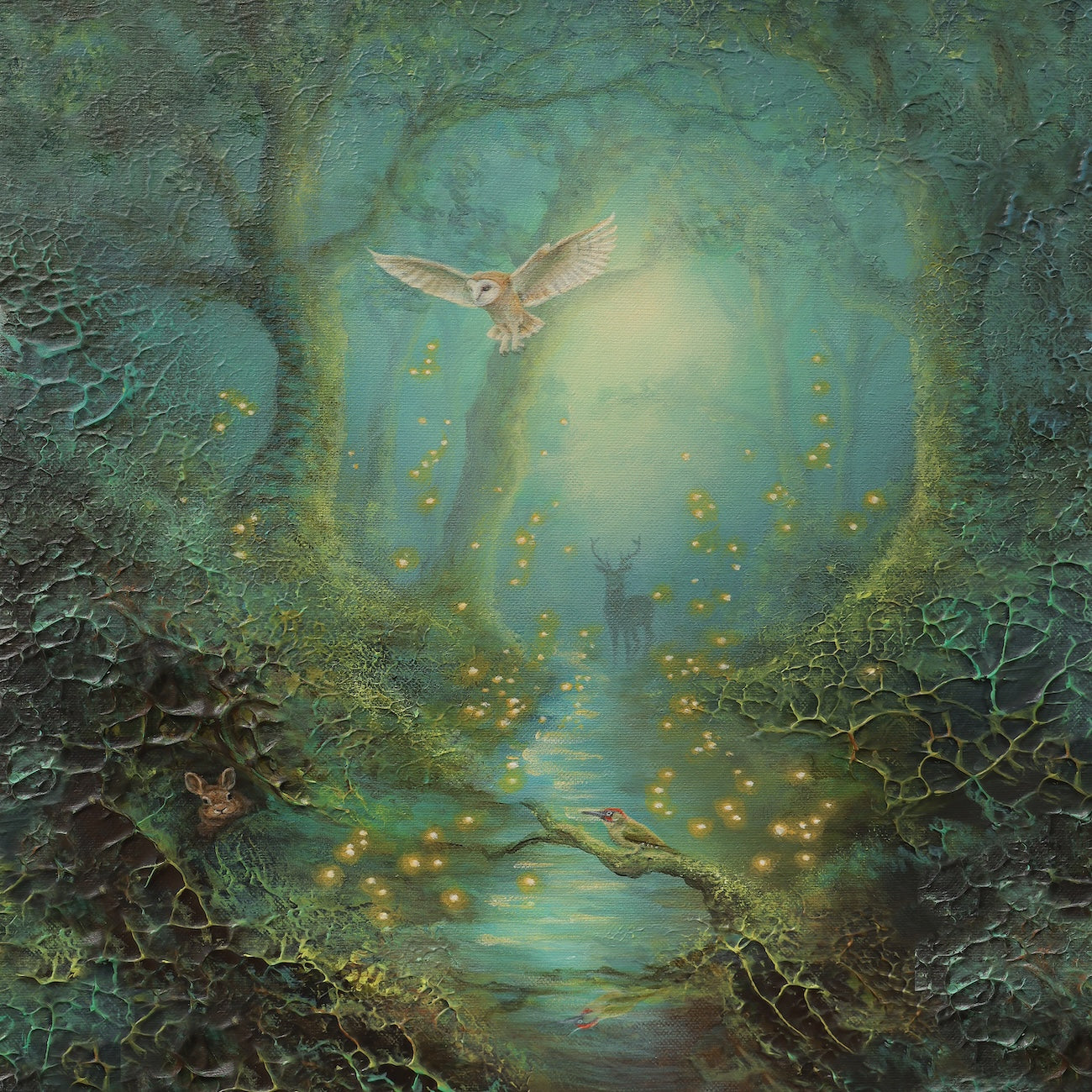 Semi-abstract landscape of a mystical mossy forest featuring a deer, a rabbit, a flying owl and glowing fireflies.