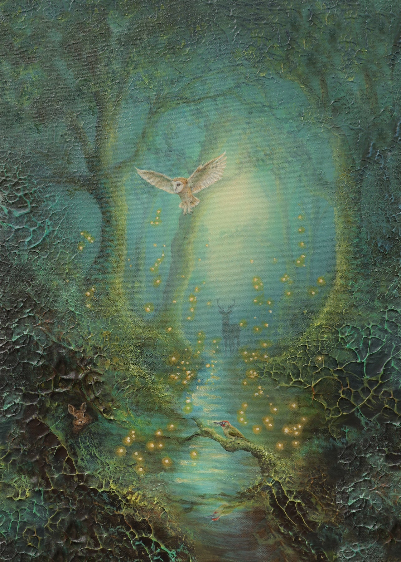 Semi-abstract landscape of a mystical mossy forest featuring a deer, a rabbit, a flying owl and glowing fireflies.