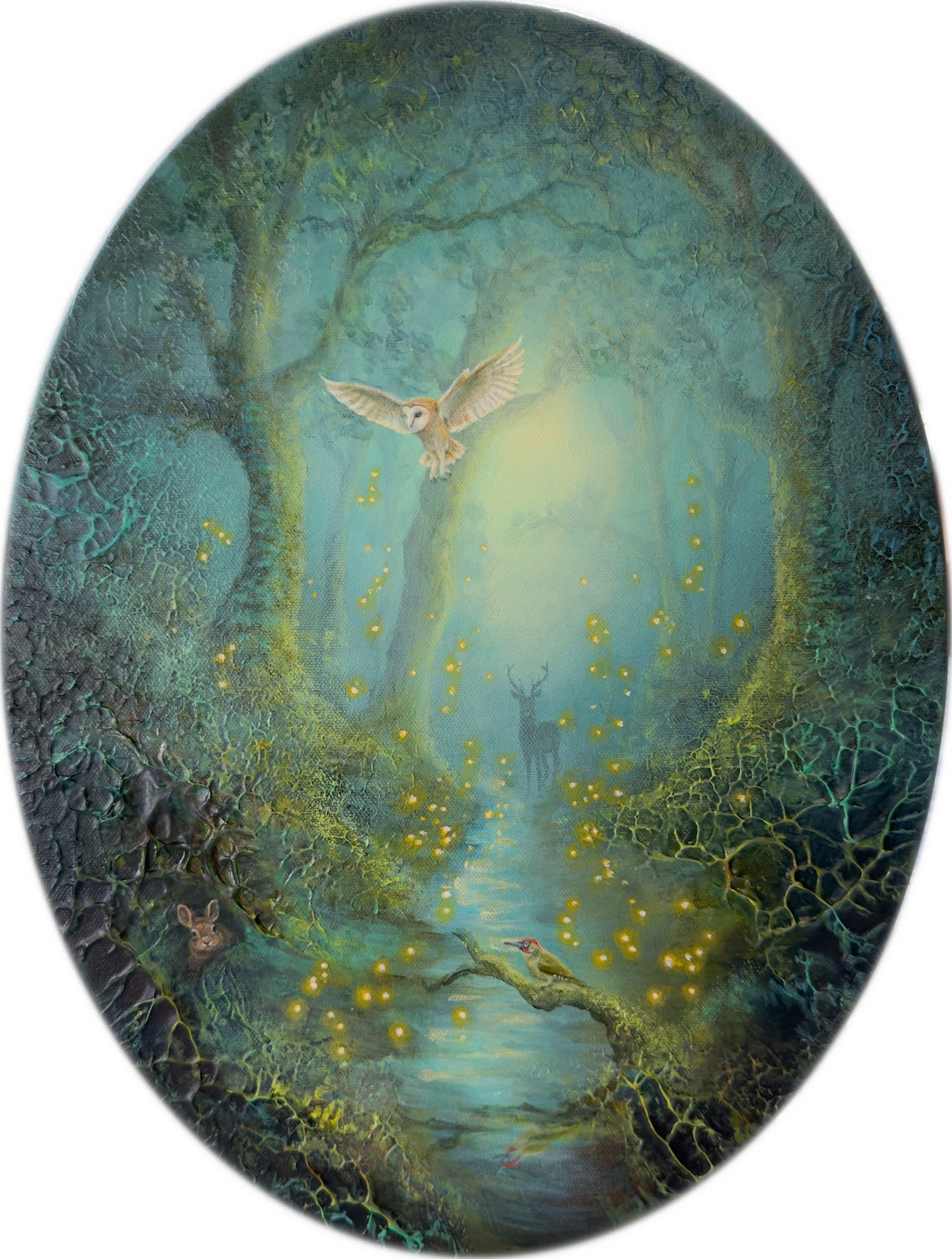 Semi-abstract original painting of a mossy forest featuring a deer, a rabbit and a flying owl, illuminated by glowing fireflies.