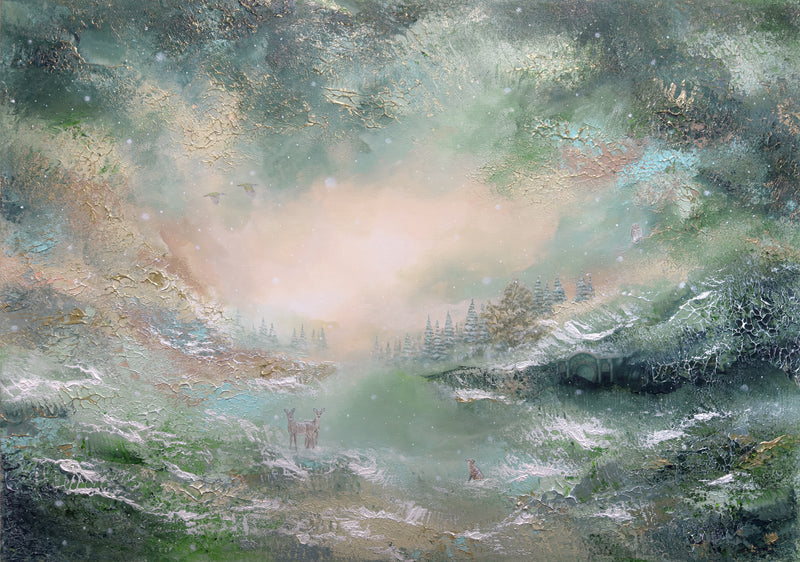 Semi-abstract original painting of a snowy landscape with deer standing in a misty valley beneath a glowing sky.