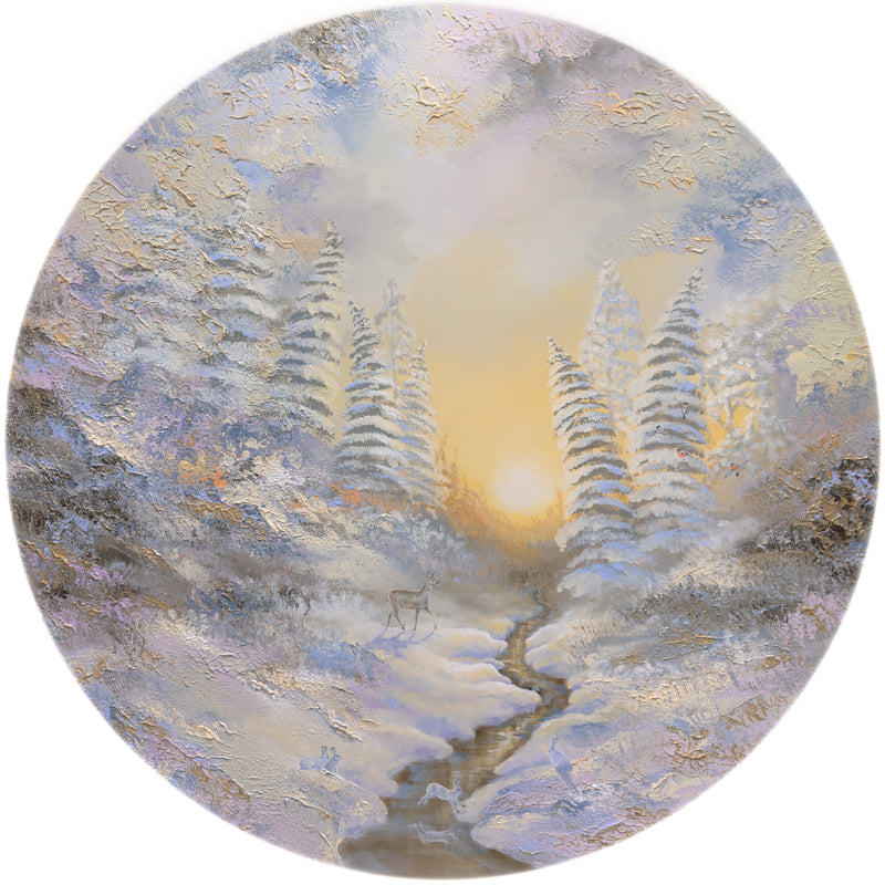Semi-abstract original painting of a snowy forest with a winding stream, deer and soft winter light.
