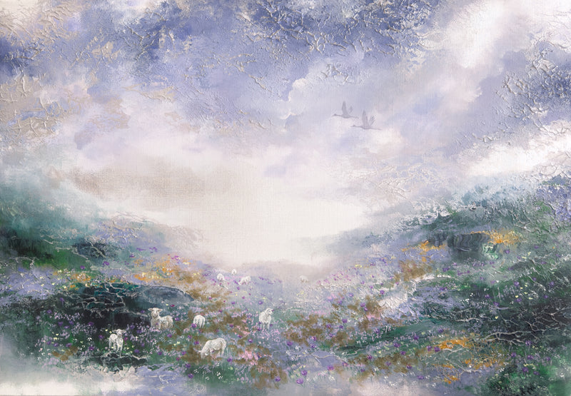 Semi-abstract landscape painting of a field filled with flowers and sheeps.