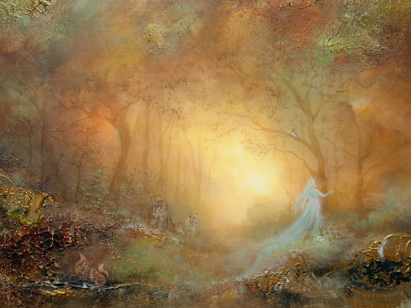 Fine art print of a semi-abstract mystical forest featuring a lynx beneath glowing light.