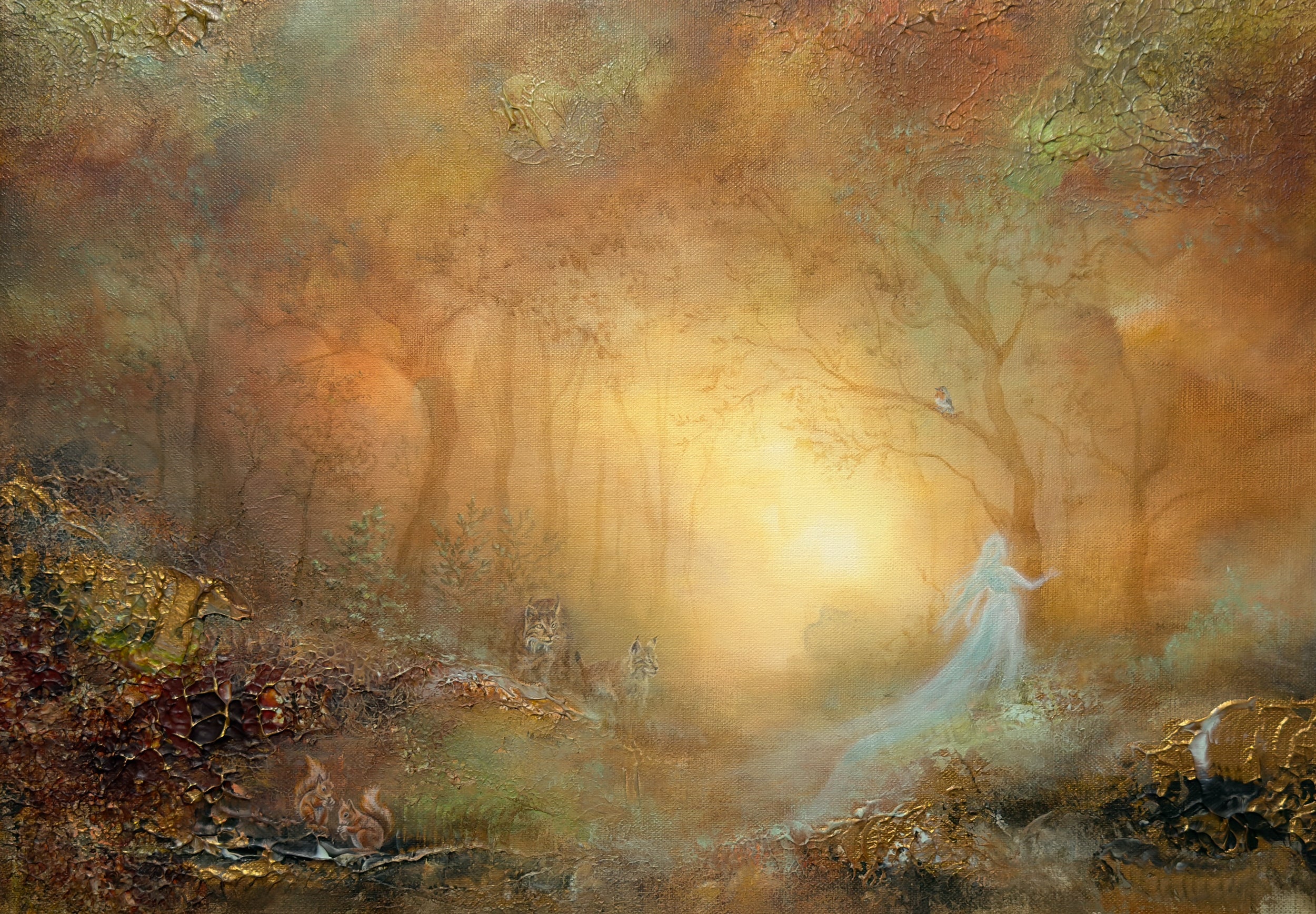 Semi-abstract original painting of a lynx in a mystical forest with soft glowing light.