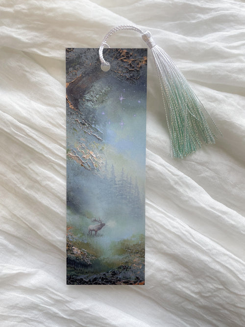 Front view of a fantasy-inspired art bookmark with a tassel.