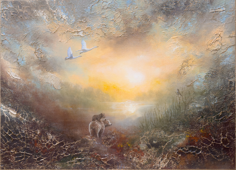 Semi-abstract original painting of a sunrise landscape featuring a bear, flying birds and textured foreground.