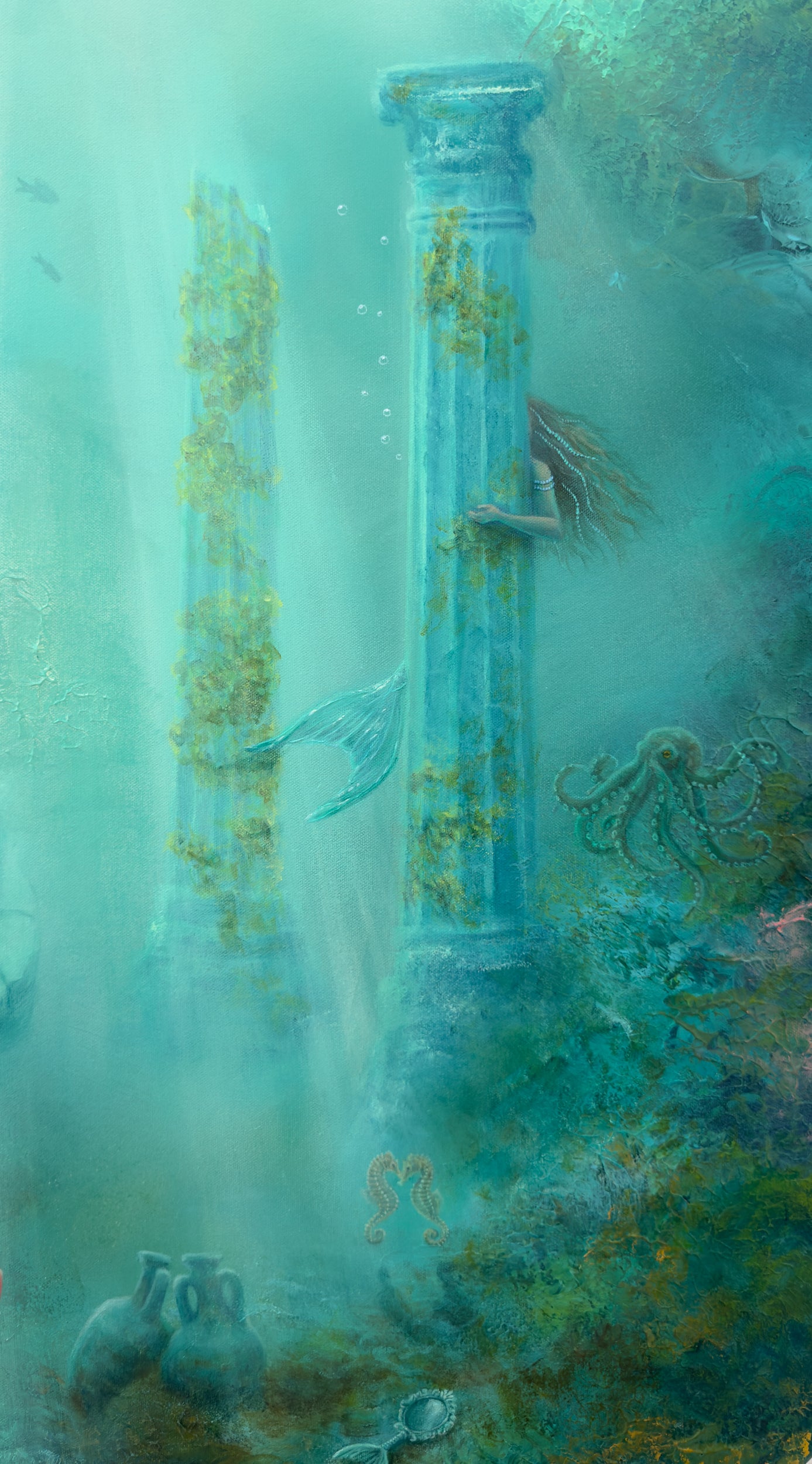Close-up of the mermaid behind the ancient column.