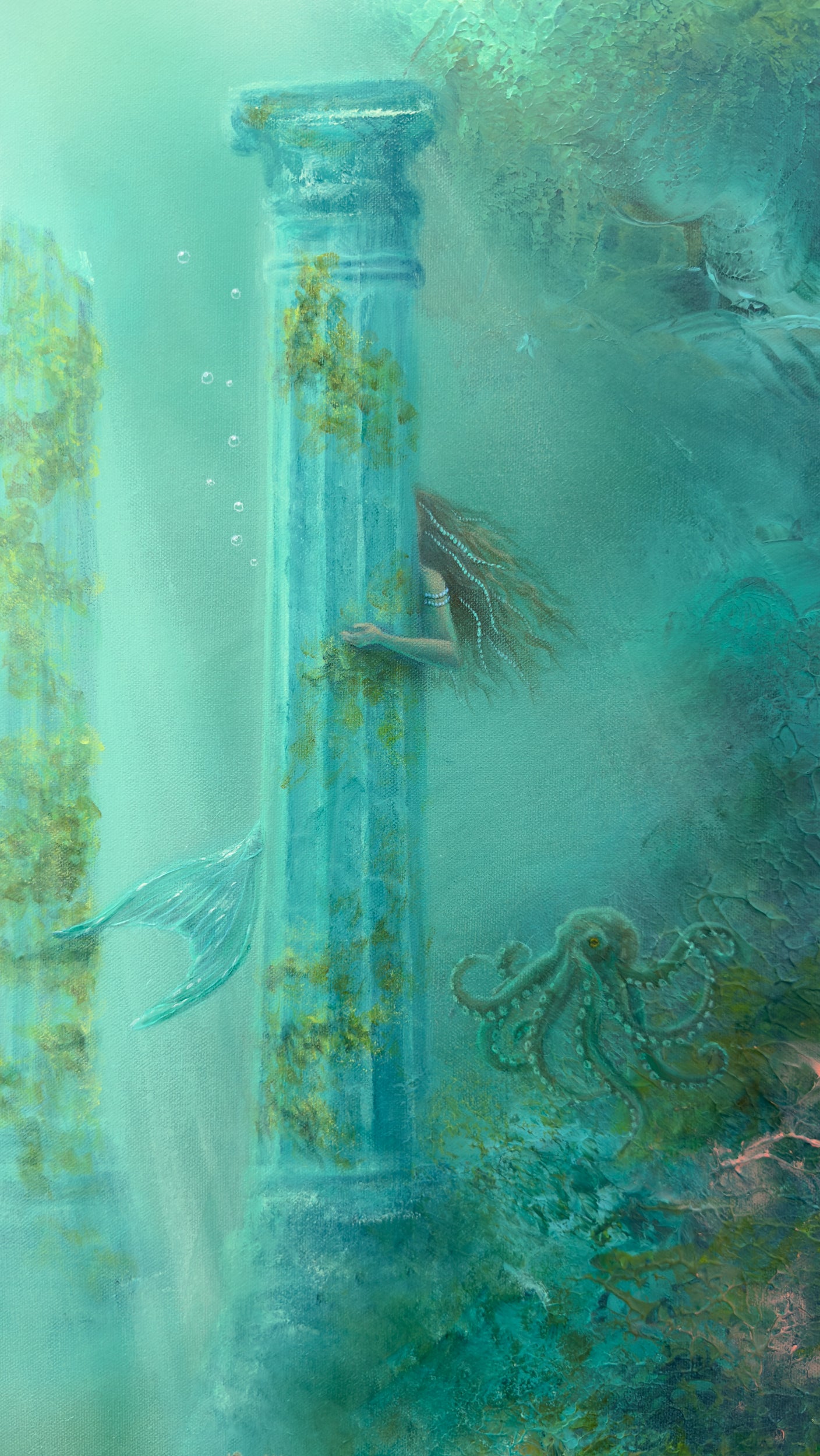 Details of the ancient column and the mermaid behind it.