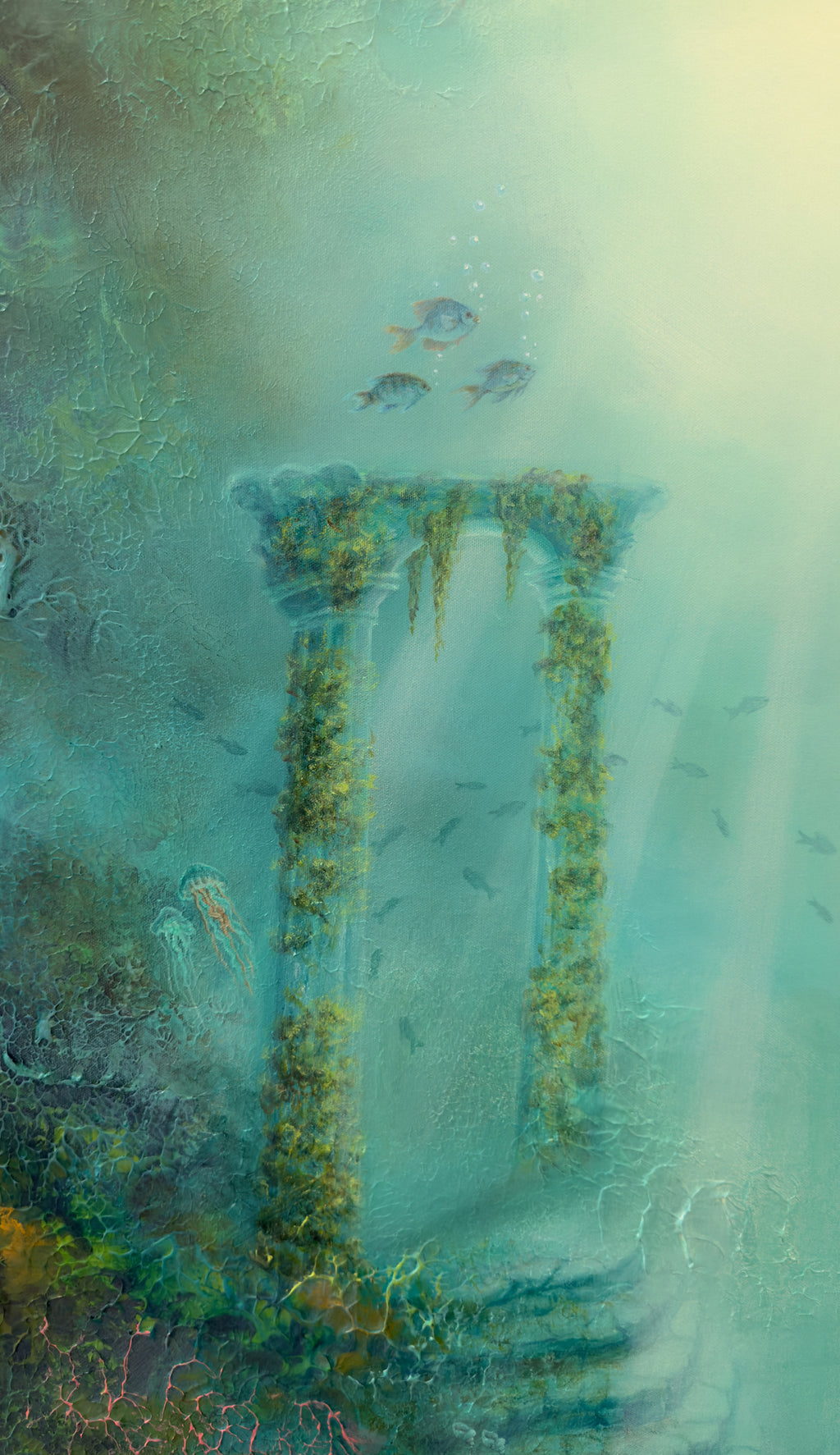 Close-up of the underwater world featuring colourful fish and flowing details and ancient columns.