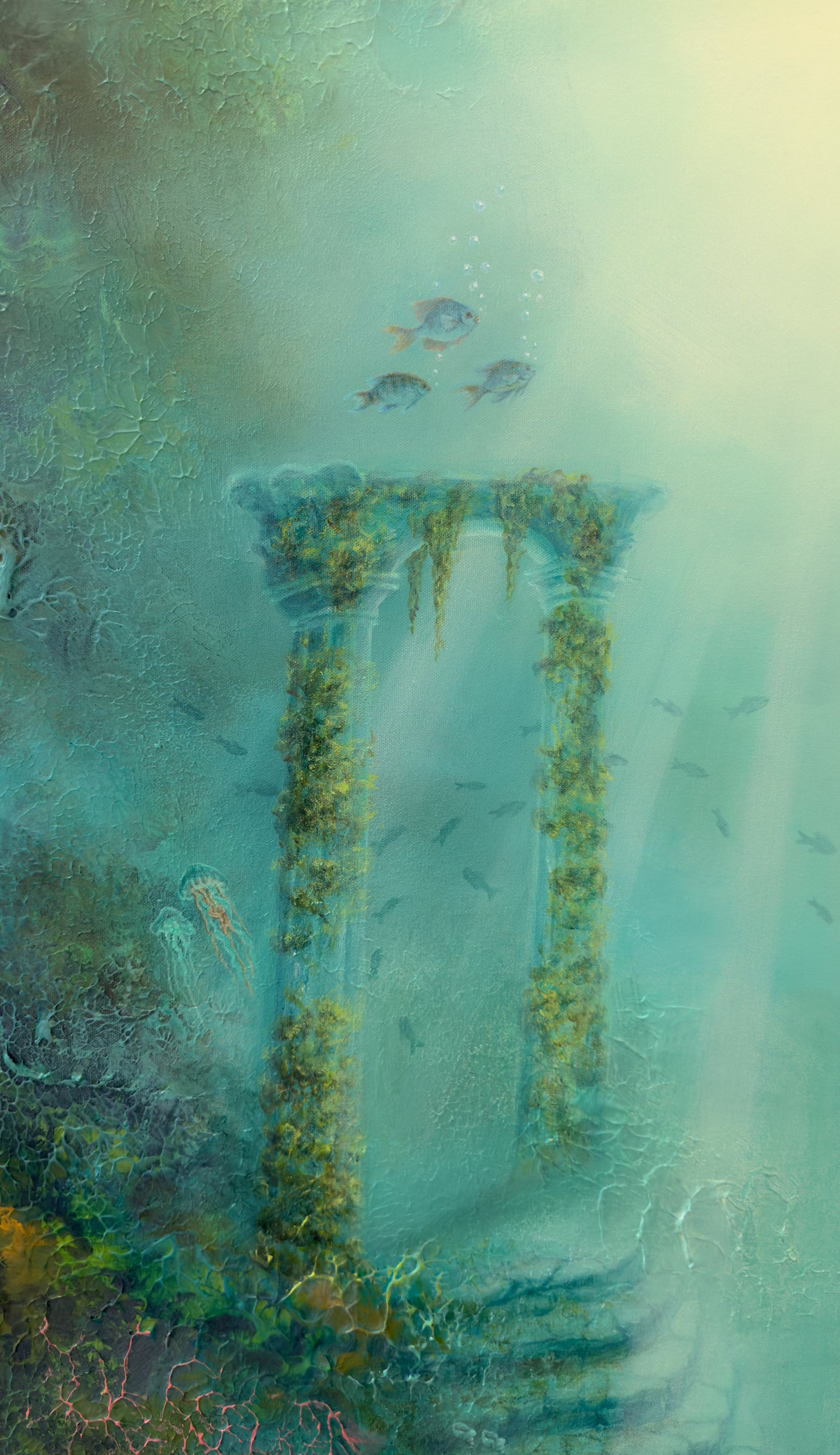 Close-up of the underwater world featuring colourful fish and flowing details and ancient columns.