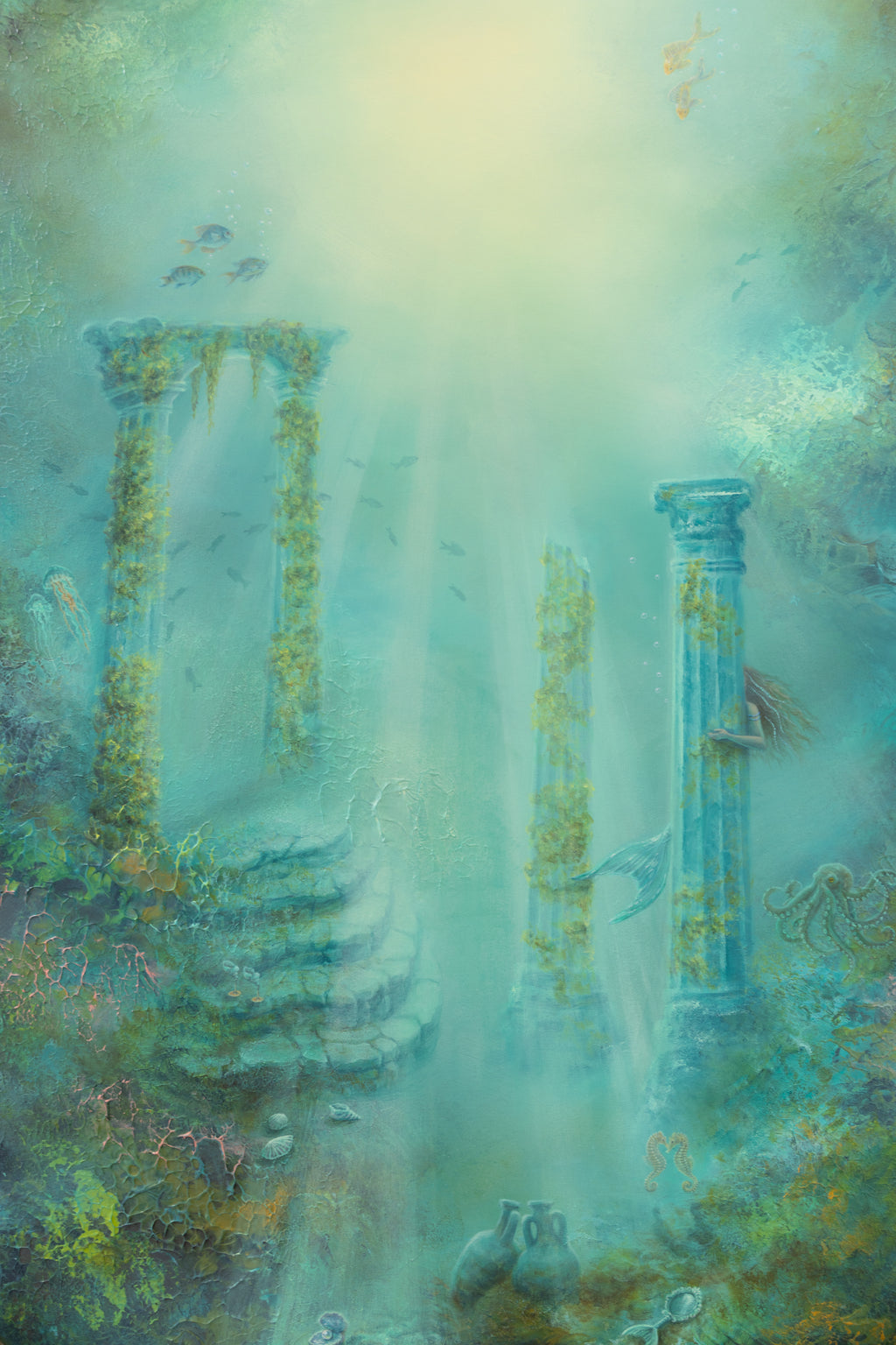 Close-up of the underwater ruins with ancient columns and a mermaid.