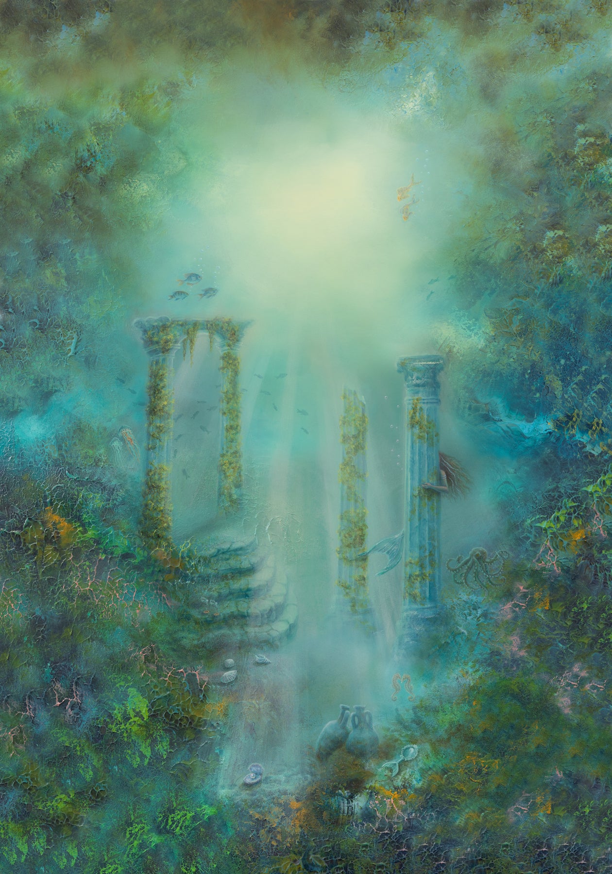 Print of an semi-abstract painting of an underwater world with marine life and flowing textures. 