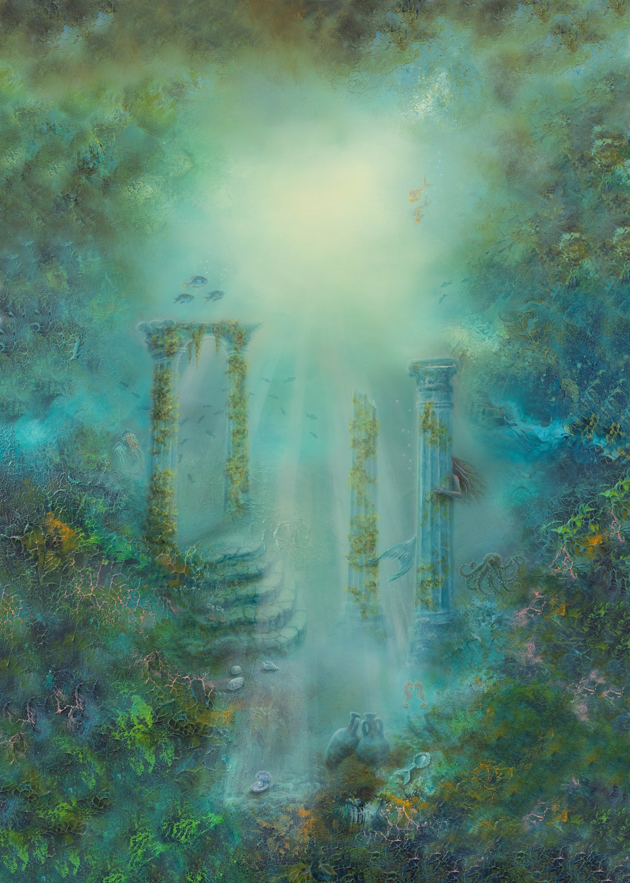 Print of an semi-abstract painting of an underwater world with marine life and flowing textures. 