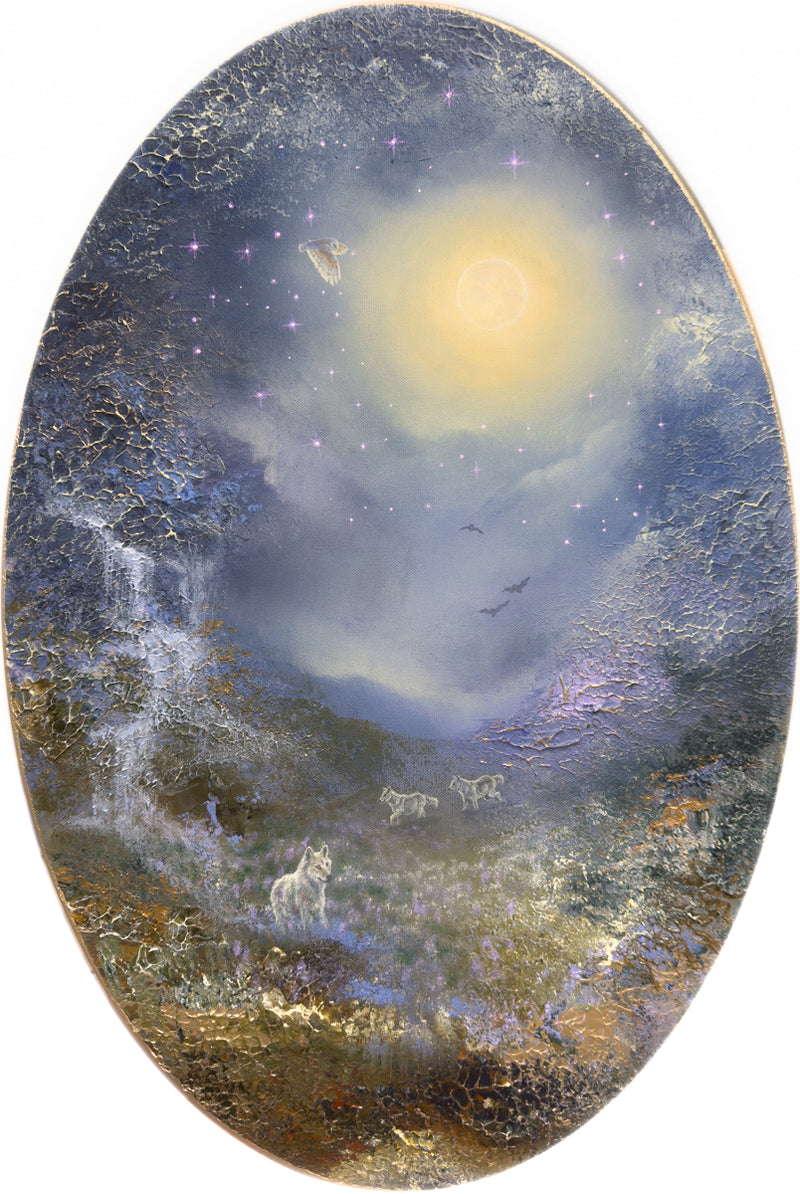 Semi-abstract original painting of a mystical landscape featuring a wolf pack beneath a full moon.