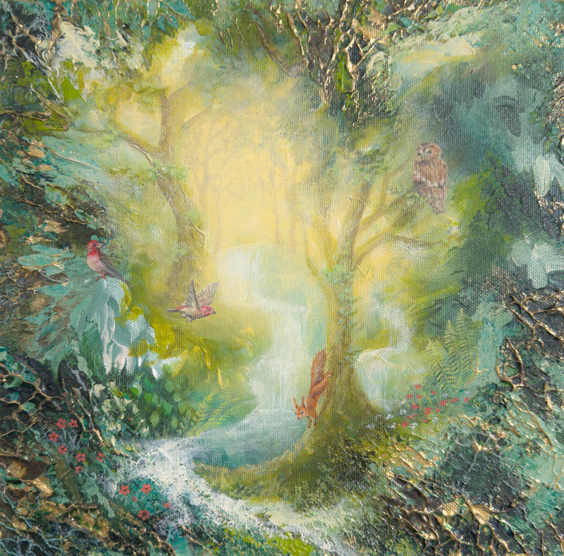 Semi-abstract original painting of a mystical forest with a glowing stream, wildflowers, birds, a rabbit and an owl among the trees.