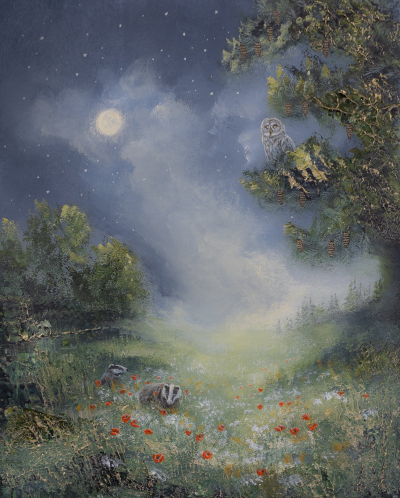 Semi-abstract original painting of a moonlit meadow featuring a badger, an owl and wildflowers beneath a starry sky.