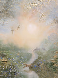 Fine art print of a semi-abstract wildflower meadow featuring a fox, deer and swallows beneath a soft glowing sky.
