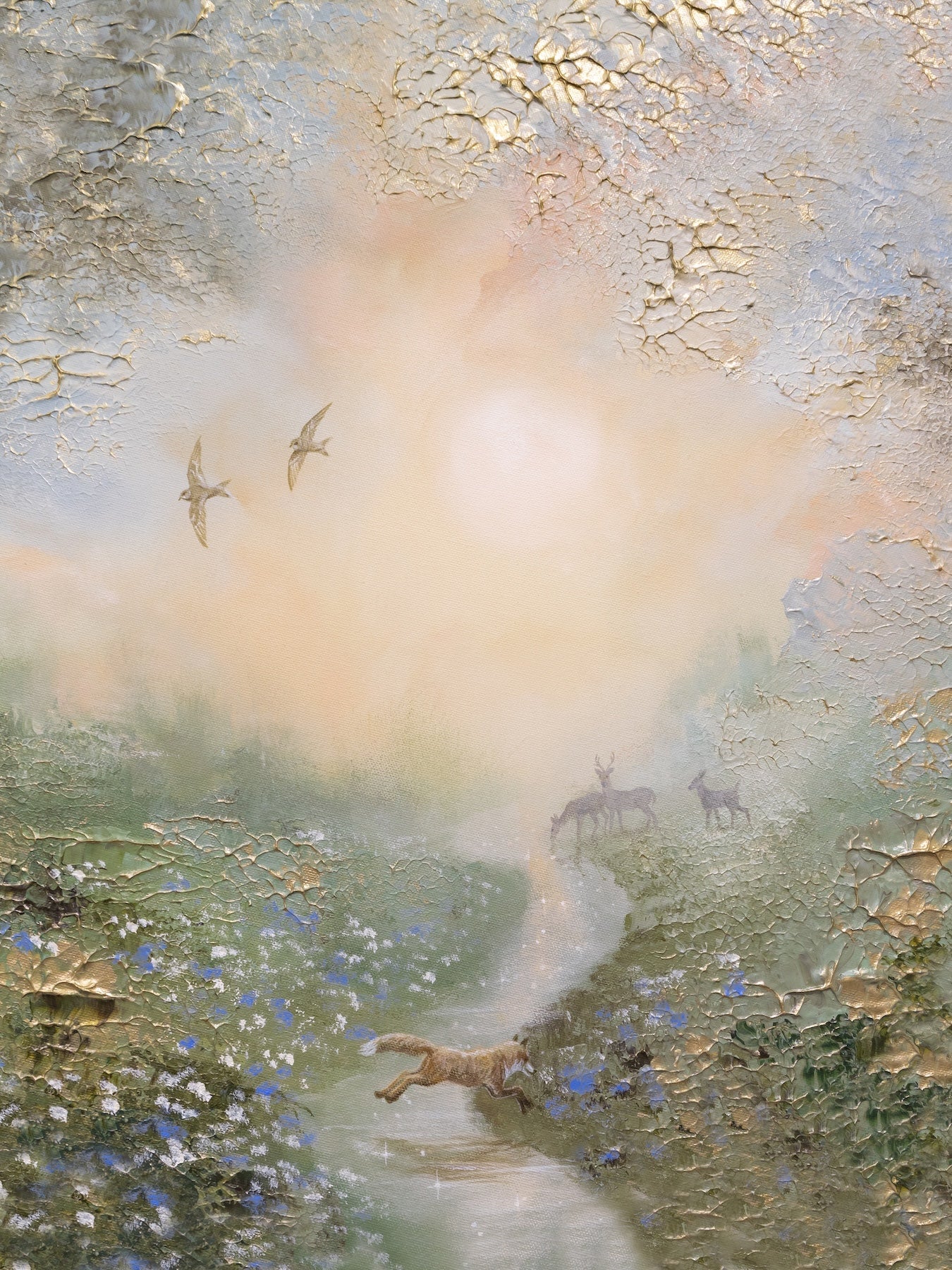 Fine art print of a semi-abstract wildflower meadow featuring a fox, deer and swallows beneath a soft glowing sky.