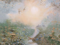 Fine art print of a semi-abstract wildflower meadow featuring a fox, deer and swallows beneath a soft glowing sky.