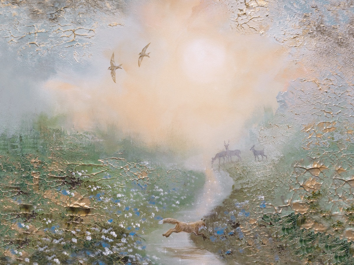 Fine art print of a semi-abstract wildflower meadow featuring a fox, deer and swallows beneath a soft glowing sky.