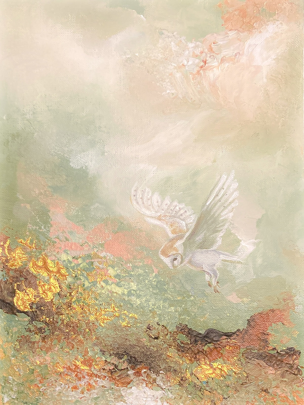 Fine art print of an semi-abstract painting of a landscape and flying owl.