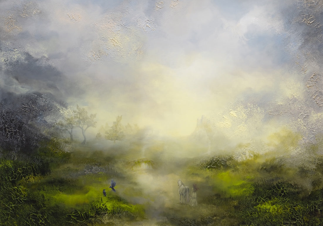 Fine art print of a semi-abstract misty landscape featuring a white horse, a woman and soft golden light.